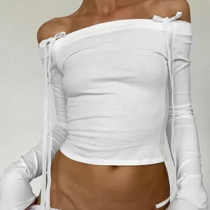 Sexy Bow Off Shoulder Skinny Tops for Women Autumn Winter Y2K Fashion Long Sleeve T-shirts Solid Basic Streetwear 2024